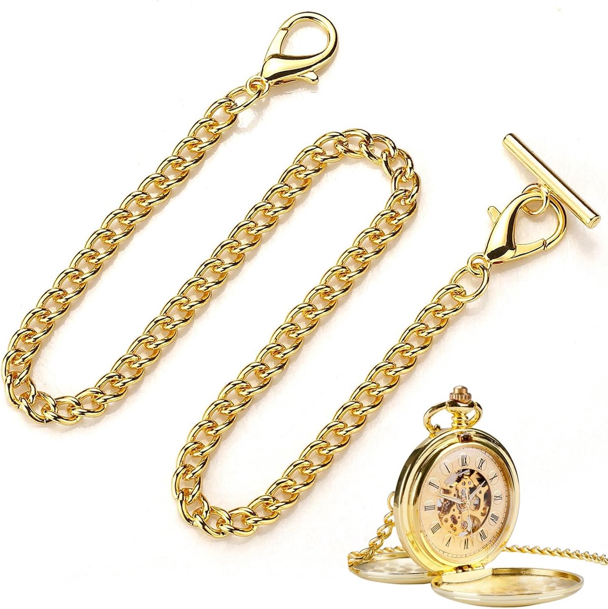 Gouden Zakhorlogeketting met T-Bar – Vintage Ketting van 37cm voor Heren en Dames, Stijlvol Accessoire voor Gilet of Pak, Metalen Ketting met Karabijnhaak