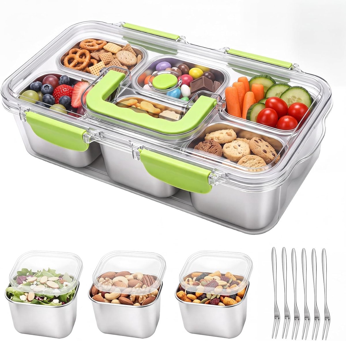 Snackbox met 6 roestvrijstalen vakken, snackbord met handvat en