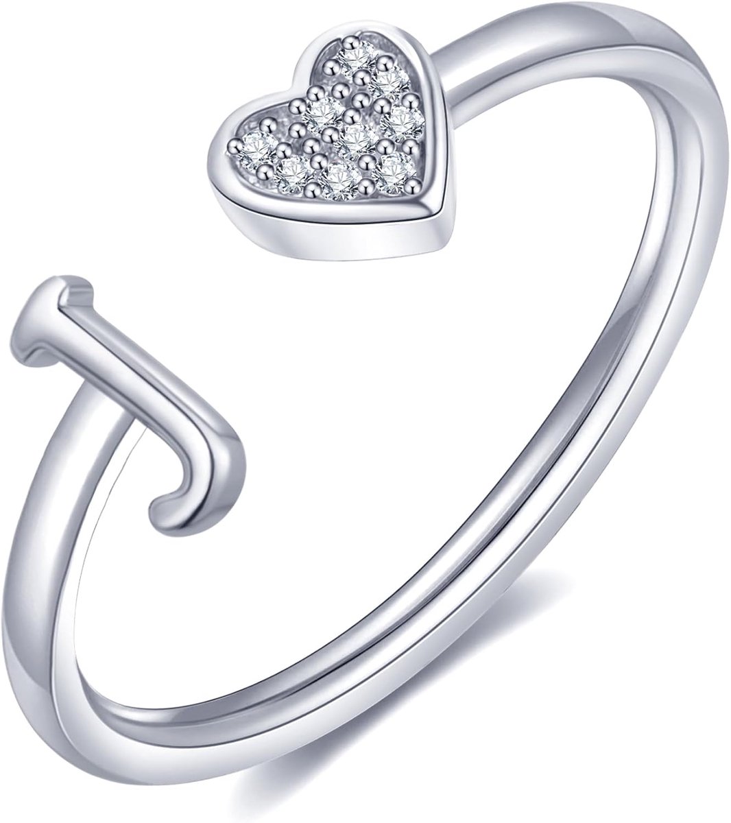 Hartvormige ring met letters, dames, goud, zilver, roségoud, verstelbaar, initiaal, A-Z, zirkonia, vingerring, stapelring, waterdicht, lettering, sieraden, meisjes, geschenkdoos