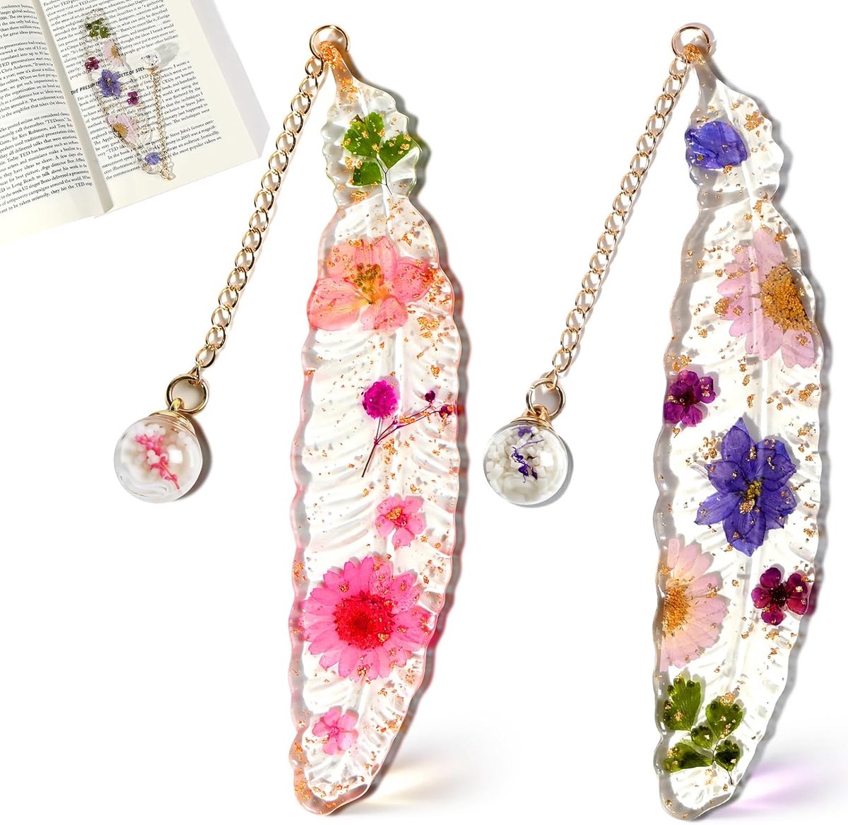 2 stuks geperste bloemen hars bladwijzers, gedroogde bloemen veer bladwijzer met gloeiende glazen kralenketting, prachtige leesaccessoires, boekenliefhebbers geschenken voor vrouwen, leraren