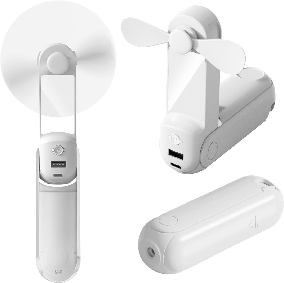 Handventilator, 5-in-1 mini-ventilator, oplaadbaar, USB-ventilator, opvouwbaar, met schouderriem, powerbank, zaklamp, spiegel en telefoonhouder voor kantoor, buiten, wit