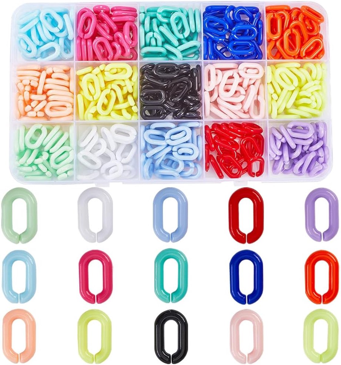 420 Stuks 15 Kleuren Acryl Links Ketting Sieraden Linking Ringen Ondoorzichtige Regenboog Kleurrijke Ovale Kabel Curb Open Clip Haken Quick Link Connector voor Sieraden Maken Ketting