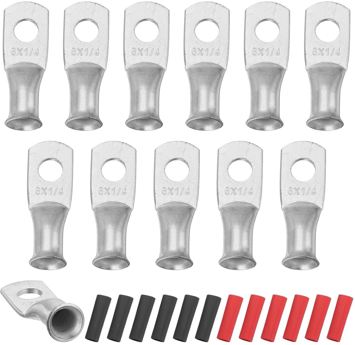 12 stuks 6 AWG M6 Oogje Batterijklemmen, 1/4 inch 6 mm Kabel Eindstuk Koper Connector, 3:1 Krimpkous Ommanteling, Zilver