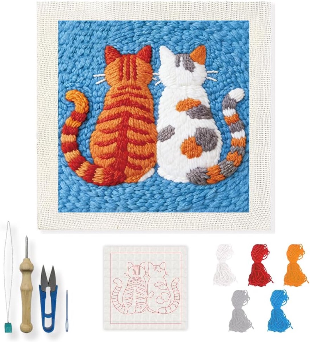 Cat Friends Punch Needle Borduurkit DIY Punch Borduurset voor Volwassenen Katten Naaldpunt Starter Kit 24 × 24 cm Kitten Naalden Stiksel Kit met Instructie voor DIY Craft Liefhebbers Gift