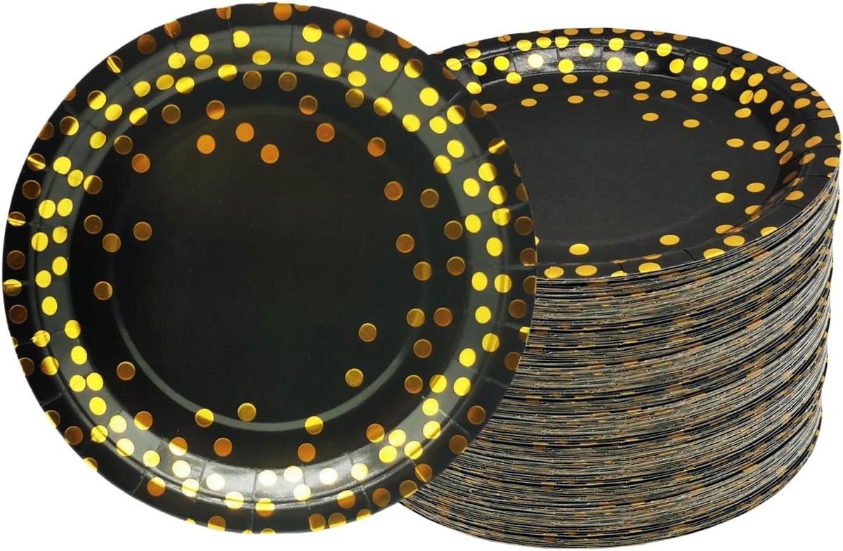 Borden - Set van 100, 7"/18 cm - Zwart en Goud Folie Stippen Papieren Borden - Feestdecoratiebenodigdheden