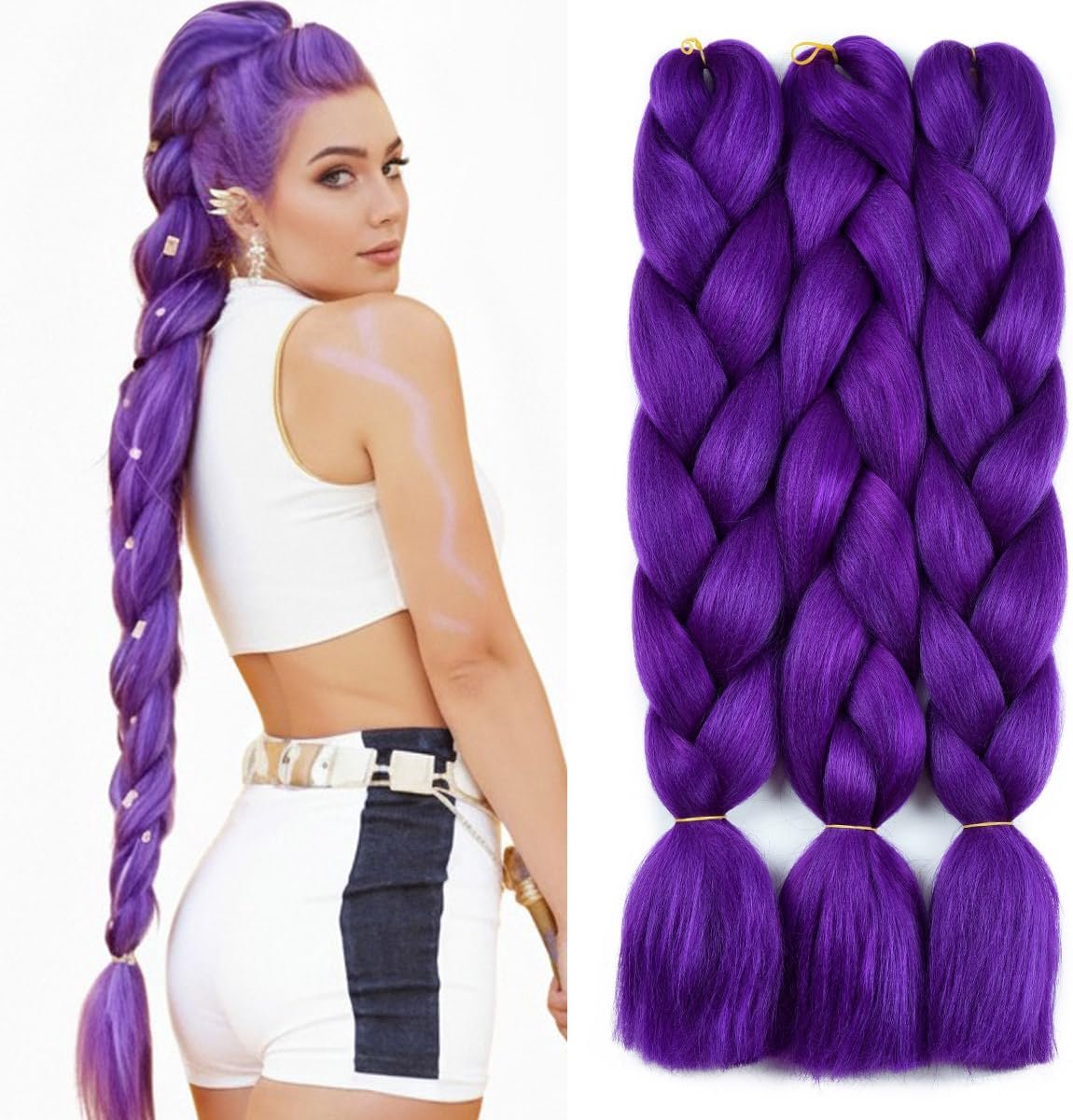 Haarextensies, Kanekalon-vlechthaar voor het vlechten van crochet twist box braids 61 cm 3 stuks lila jumbo vlechthaar