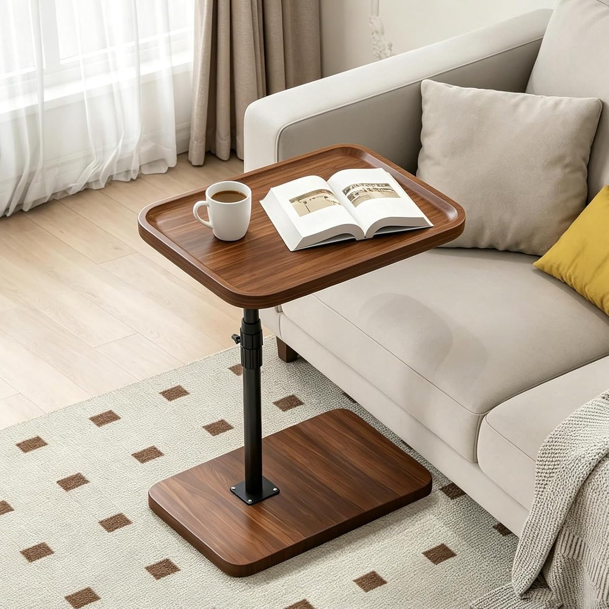 SnelShoppen - Hoogte Verstelbare Zijtafel met Wielen, 60-90 cm, C Vorm, Houten Mobiele Tafel voor Woonkamer, Bank, Bed, Walnut Kleur