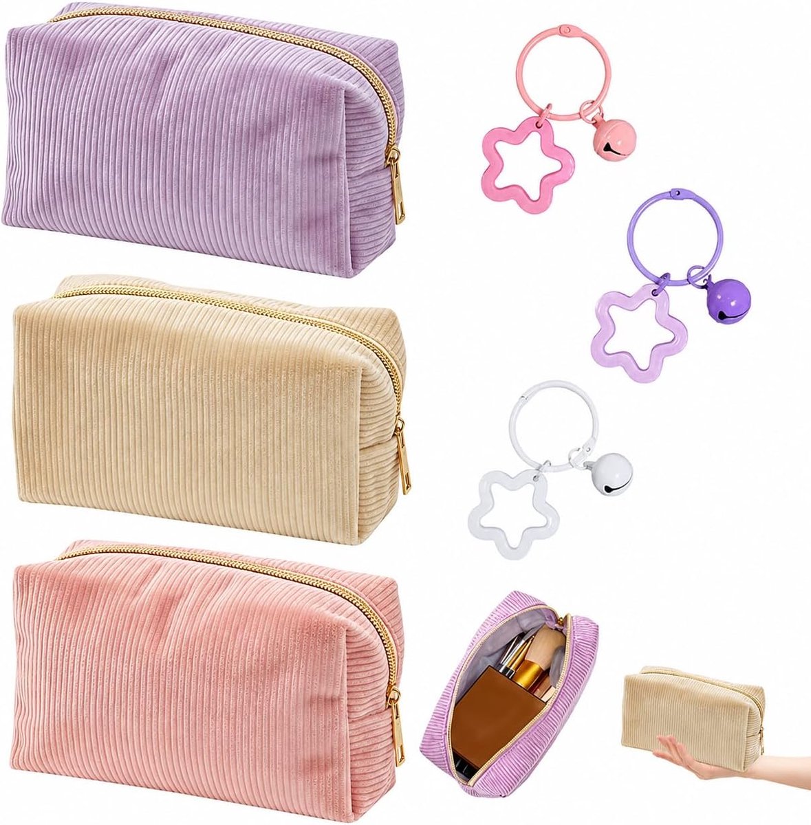 Cosmeticabedrijf 3-delig - corduroy - paars, beige, roze - grote capaciteit, reis toilettas - SnelShoppen
