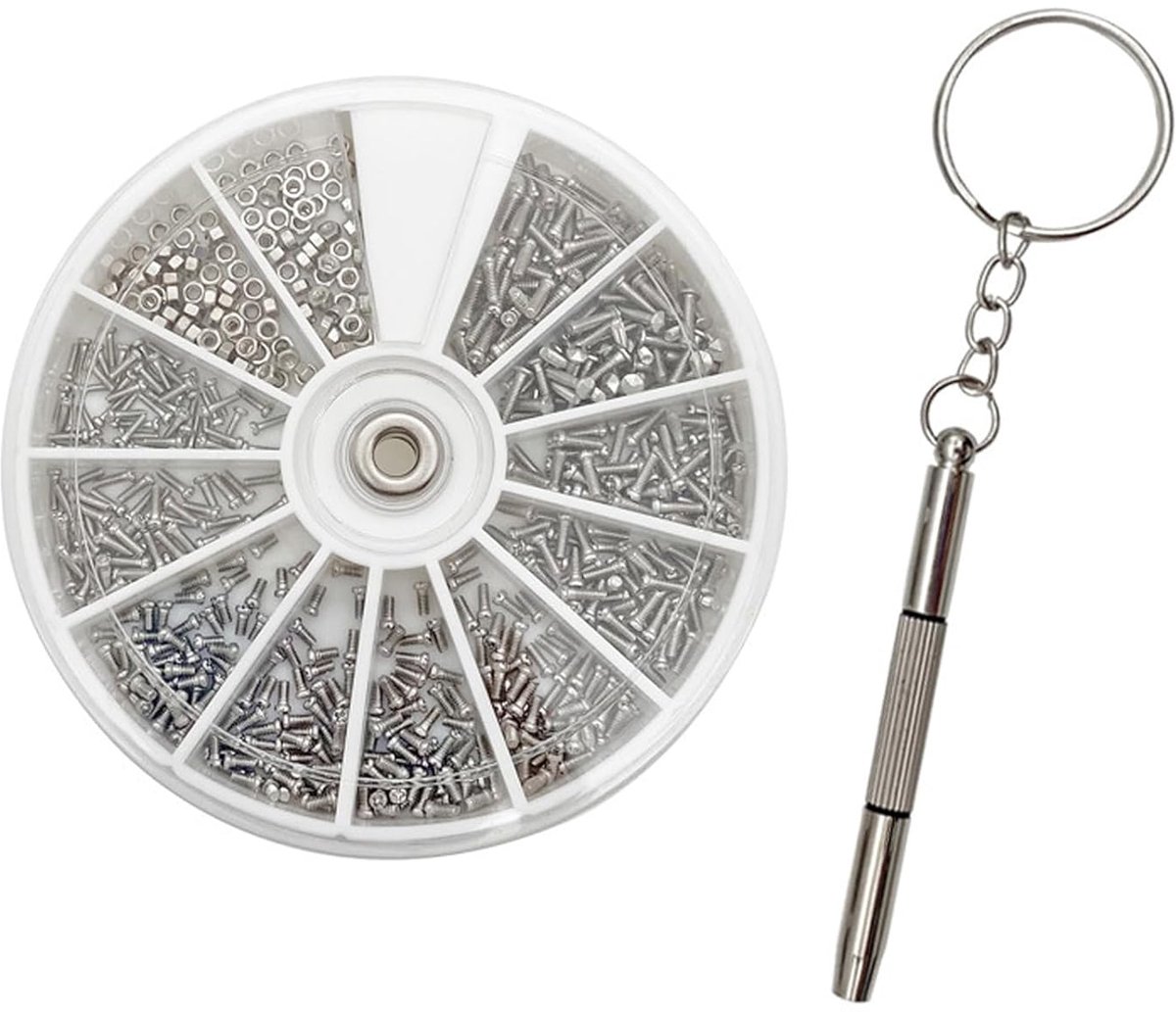Stalen schroeven set 600 stuks - 12 maten precisieschroeven - met moeren voor horloges en brillen - ShopVlot