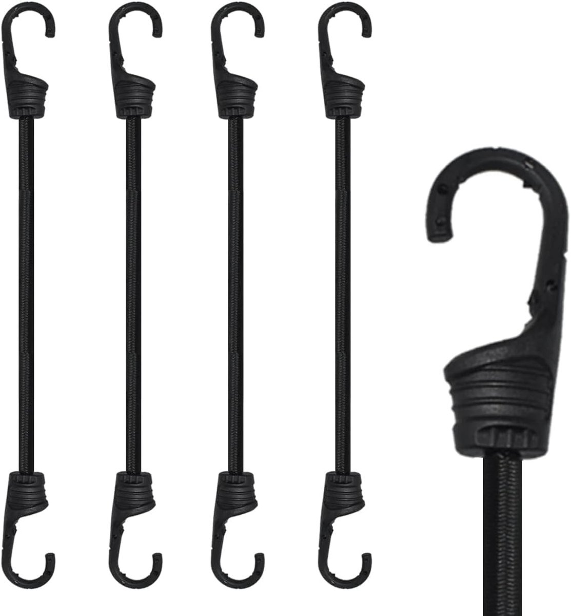 SnelShoppen - 4 Stuks Kunststof Ommantelde Stalen Haken met 90 cm Lange Rubberen Touwen, Zwarte Elastische Touwbanden voor Camping, Fiets, Vouwwagen,