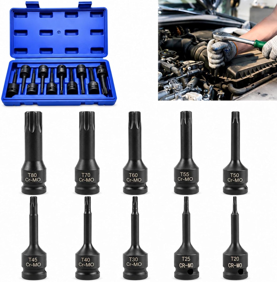 SnelShoppen - Torx bit-dopsleutelset 1/2 inch: 10-delige krachtsteeksleutelset T20–T80 van CR-MO voor slagmoersleutel en momentsleutel met opbergdoos