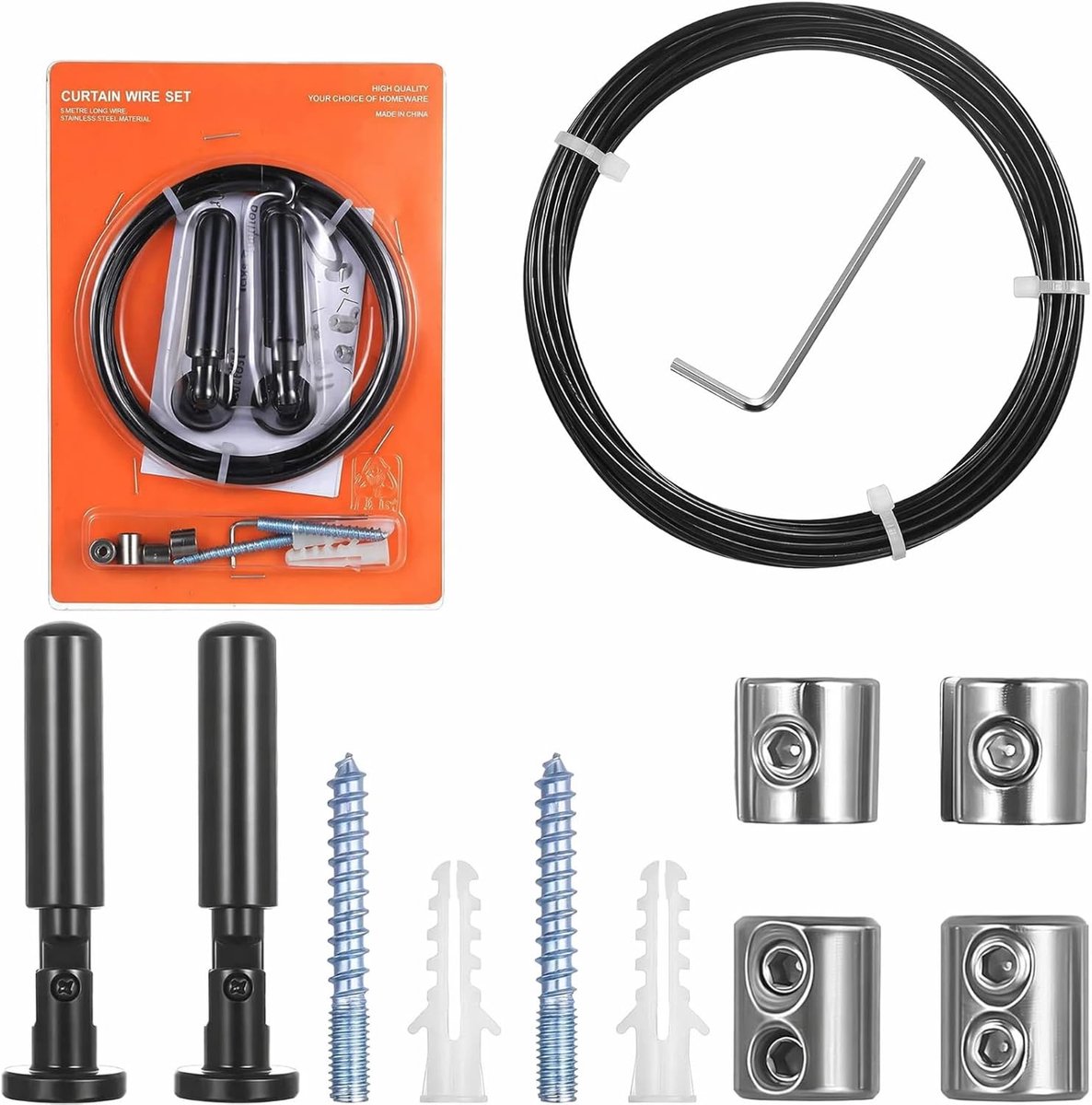 SnelShoppen - Wall Mount Set, 5 Meter RVS Gordijn Draad, Tension Systeem voor Gordijnen, Kledinglijn, Foto's, Douche, Flexibel en Sterk