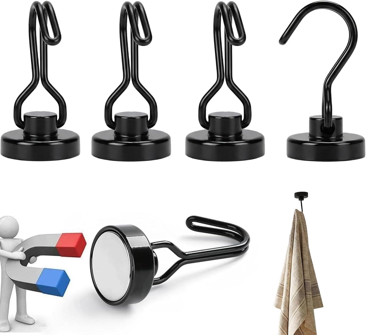 SnelShoppen - Set van 4 Extra Sterke Magnetische Haken met 180° Rotatie - Neodymium Magneten voor Keuken, Garage, Kantoor - Ideaal voor Zware Lasten