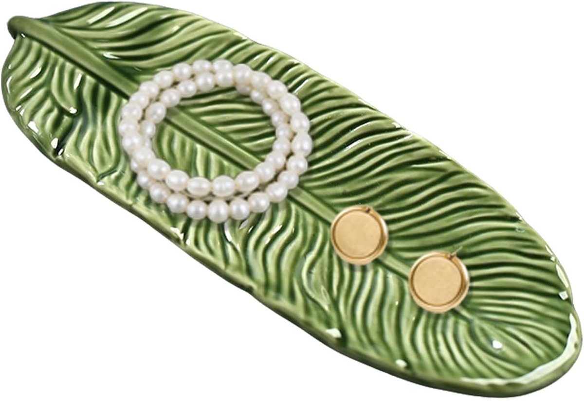 Ceramic Jewellery Bowl, Palm Leaf Design, Green Jewellery Tray for Bracelets, Rings and Jewelry, Decorative Storage - ShopVlot
