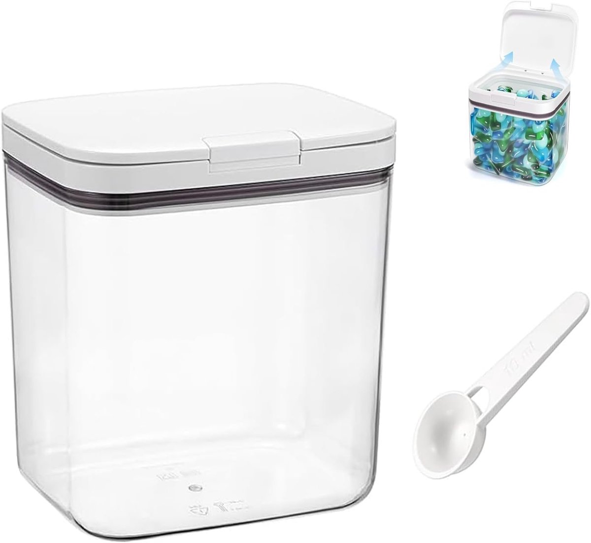 SnelShoppen - Wasmiddelreservoir met maatbeker - Luchtdichte wasmiddelhouder voor poeder en wasmiddelkralen - 2 liter - Voedselveilig PET+ABS - Krasbe