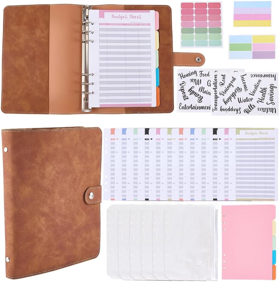 SnelShoppen - A5 Herbruikbaar Notitieboek, Reisdagboek met Zachte Kaft, PU Leer, 6 Ringen, Loose Leaf Binding, Index Tabs, Planner met Pocket Strap