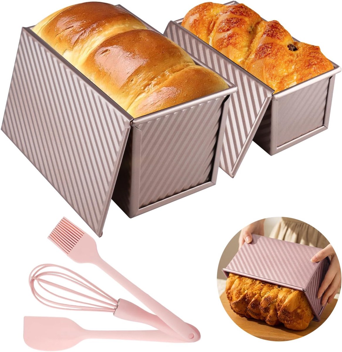 SnelShoppen - 2 Stuks Broodvorm met Deksel, Anti-aanbak Coating, Ribbelstructuur, Broodpan van Koolstofstaal, Roze Goud, Inclusief Accessoires, Voor T