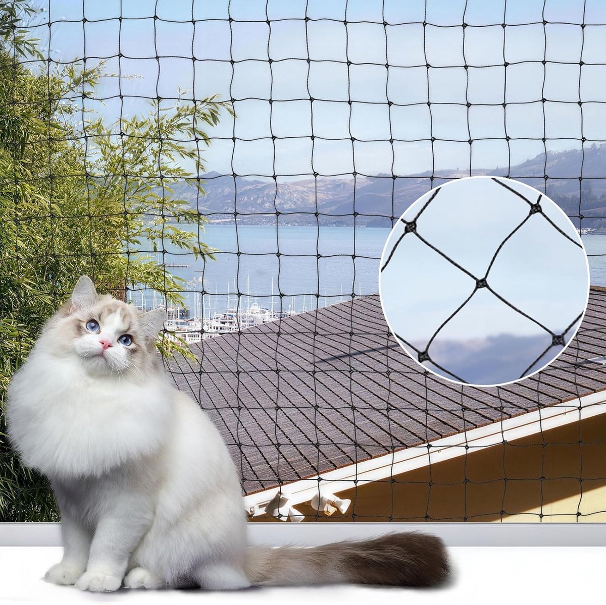 SnelShoppen - Kattennet voor Balkon 4 x 3 m, Zwart, Nylon Kattenrooster met Bevestigingskoord en Accessoires, UV-bestendig en Weerbestendig, Duivennet