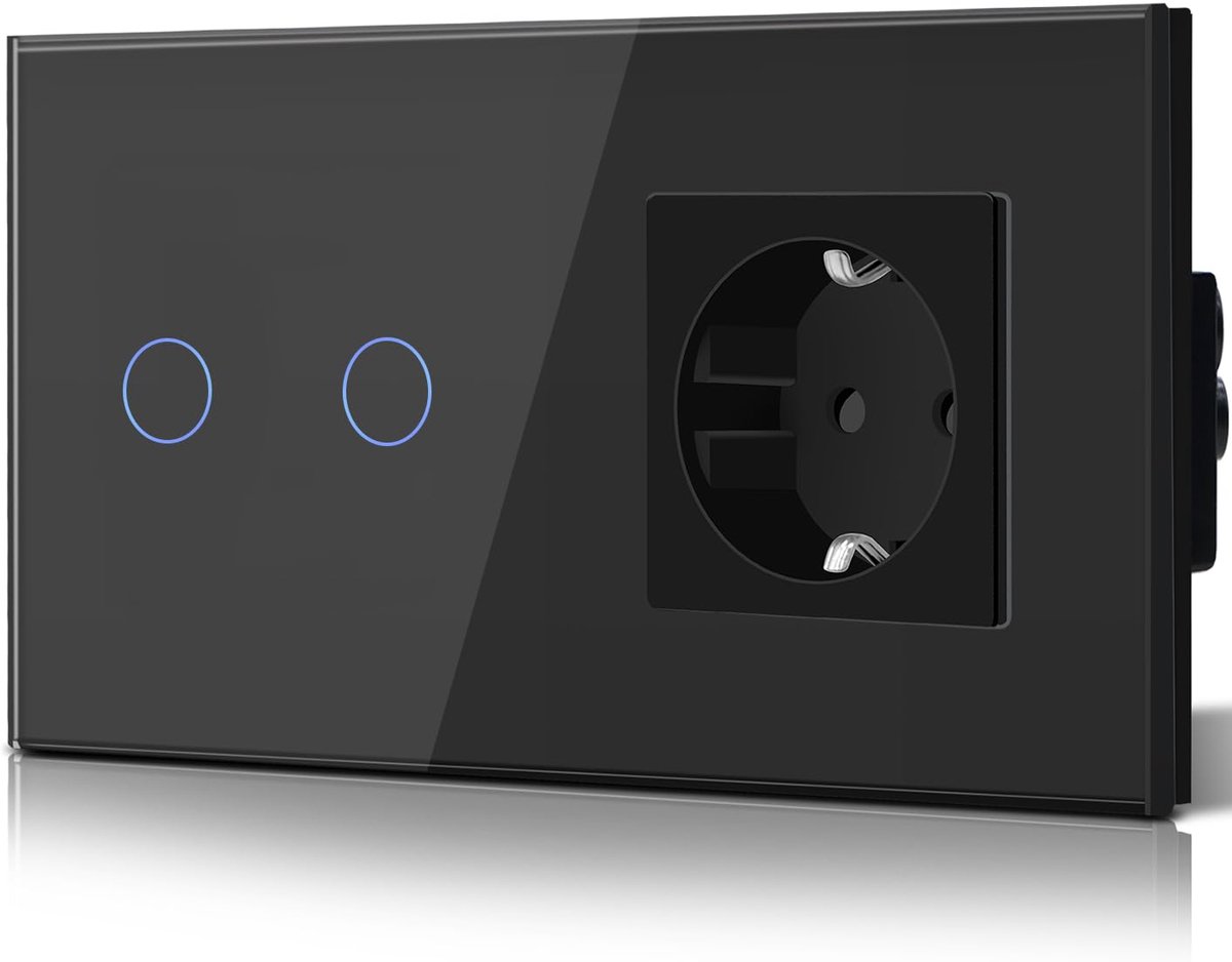 Touch Schakelaar, Inbouw Schakelaar, Wandschakelaar met Led-Indicator en Glazen Paneel, Touch Wall Light Switch, Eenvoudige bedrading, 2 Schakelaar 1 Controle met Stopcontact, 157MM, Zwart