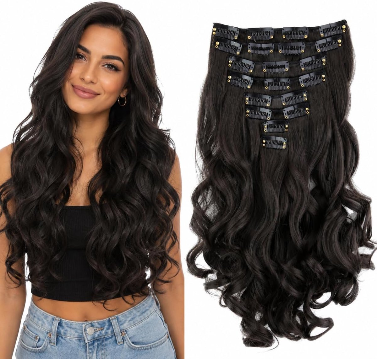 XL 45cm 7 Delige Set CLIP IN EXTENSIONS Haarextensies Haarstukje Golvend Chocoladebruin CE24-1