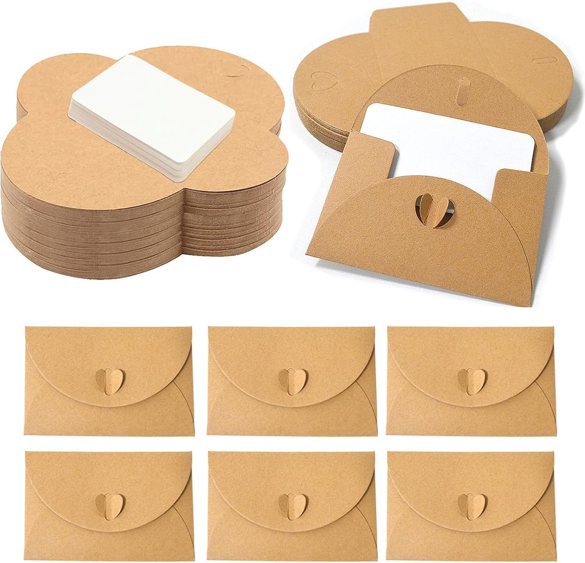 100 Stuks Mini Enveloppen van Kraftpapier met 100 Blanco Kaarten, Kleine Enveloppen met Hartsluiting, Ideaal voor Cadeaukaarten, Bedankkaartjes, DIY en Feestjes (100)