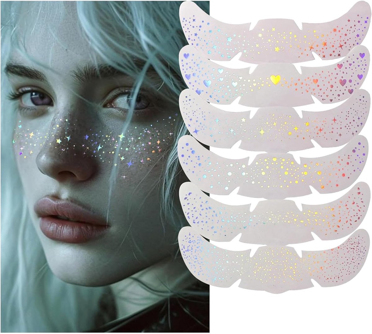 6 stuks Holografische Multichrome Glitter Sproeten Tattoo, Waterdichte Patches voor Dames, Sterren Glitter Tijdelijke Tattoo voor Festival Rave