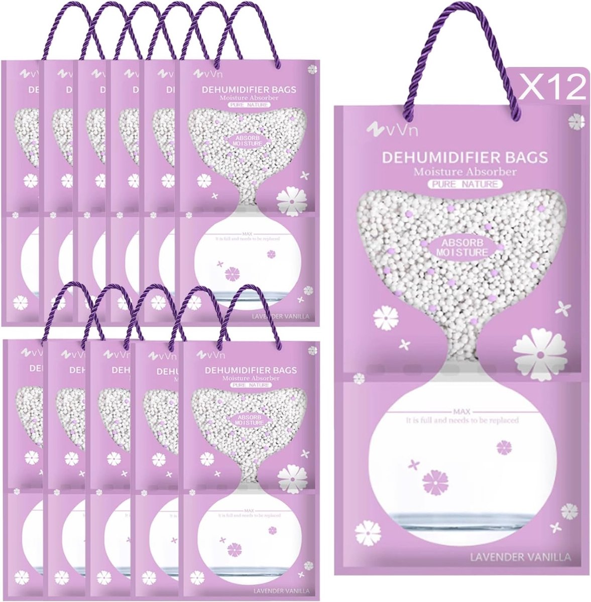 SnelShoppen - Hangende Ontvochtiger 12 Stuks 95g x 500ml Ontvochtiger voor Kasten met Vochtvangers en Geurabsorberende Kristallen voor Thuis, Keuken,