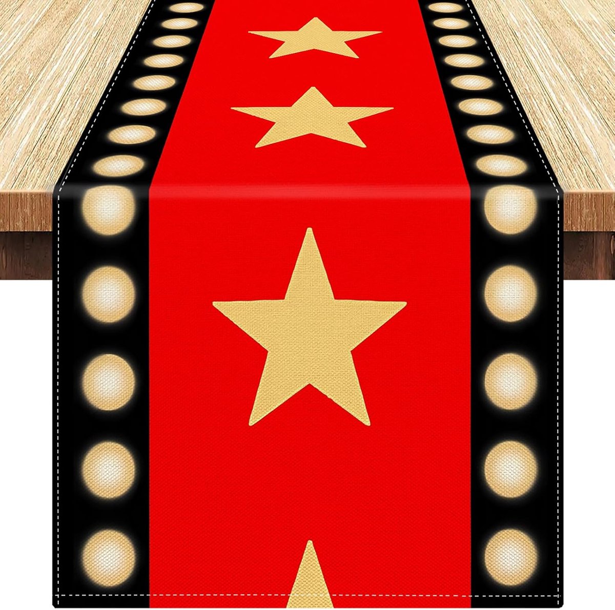 Tafelloper voor de avond bioscoop rood linnen filmthema met gouden sterrenpatroon decoratie voor de rode loper van de bioscoopavond voor het kerstverjaardagsfeest 33 x 183 cm