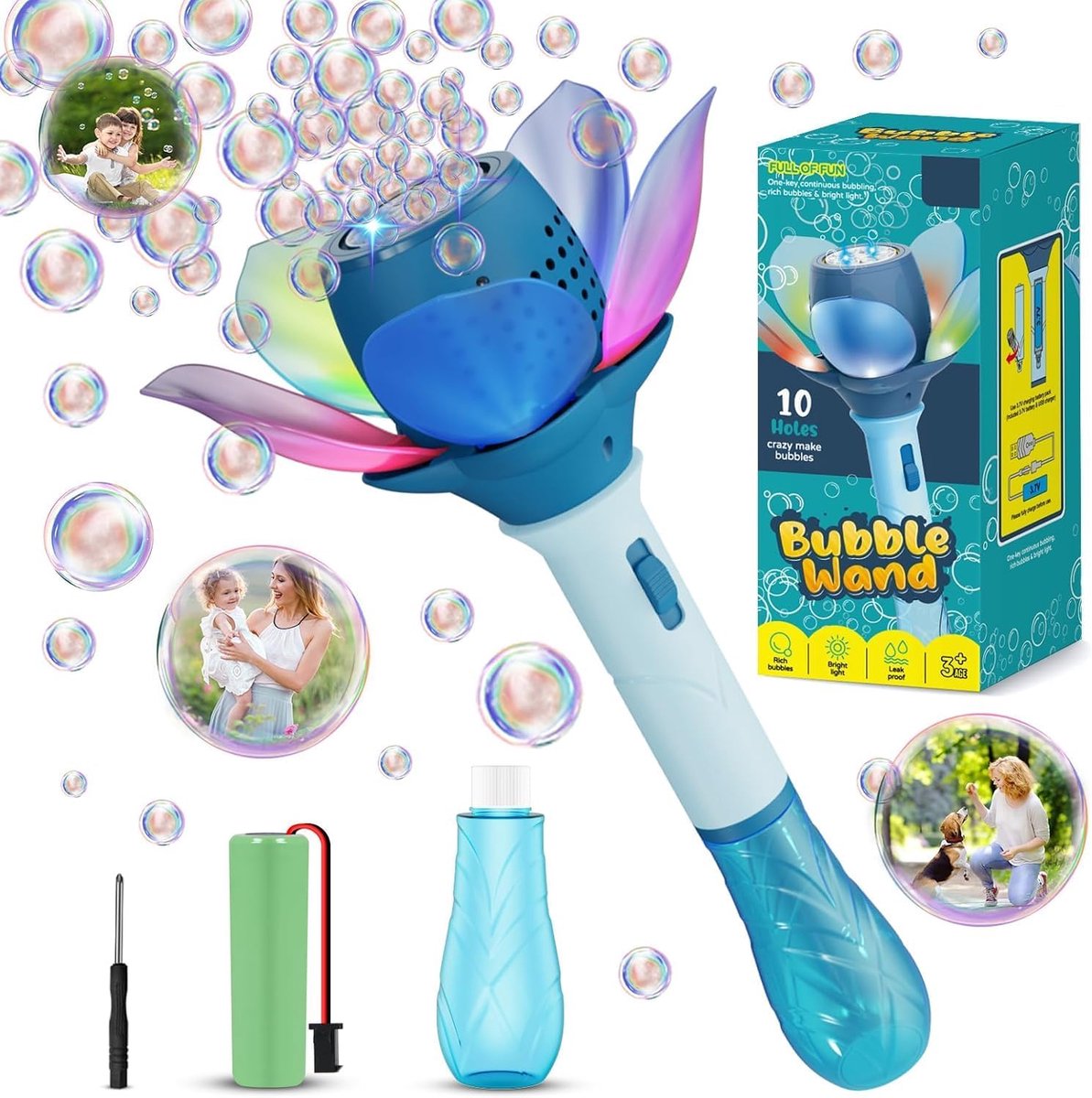 bellenblaasstaaf, bloemenbellenmachine voor kinderen, 10.000 + luchtbellen/min met zeepbellenoplossing/accu/licht voor cadeau/outdoor/feest/bruiloft, bellenblaasspeelgoed