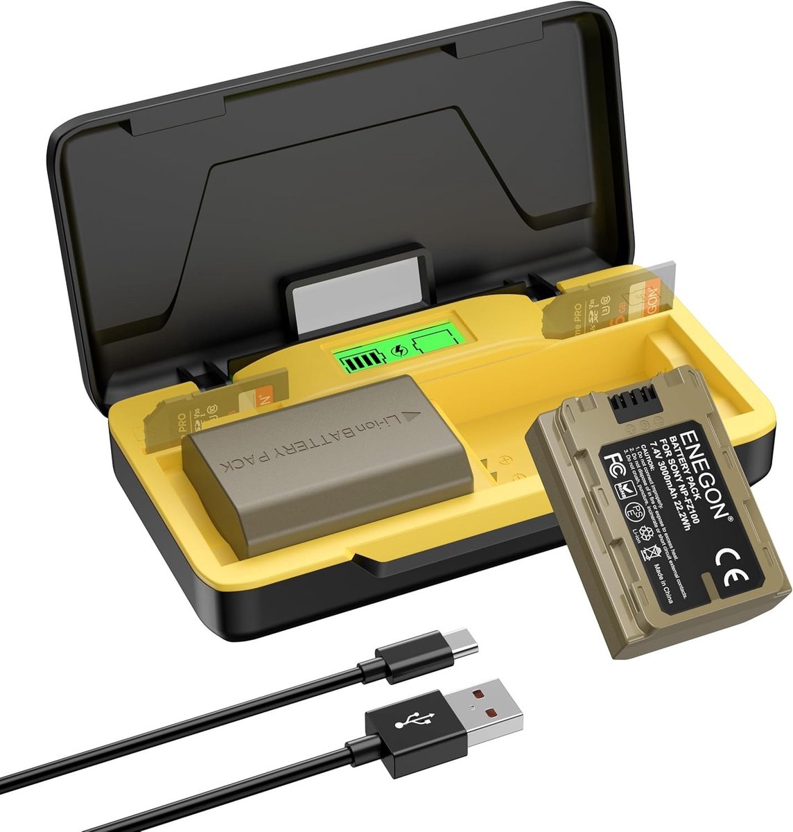 Snelle 20W Oplader voor NP-FZ100 met Dubbele Opslag en 2 Batterijen (2 x 3000mAh) - Geschikt voor Sony A7IV, A7III, A7R IV, A7R V, A9, A9R, A6700, A6600, FX3, FX30 - LCD Display en 7.4V USB-C Snelladen voor Camera Batterijen