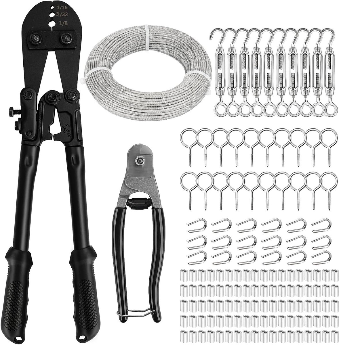 1/8 Draadkabel Krimpgereedschap Kit, Swaging Tool Met 200ft 1/8 "Roestvrij Staal Draad Touw Kabel, Draadsnijder, Spangesp, Schroef in Haken, Krimphulzen en Vingerhoedjes, voor String Lights