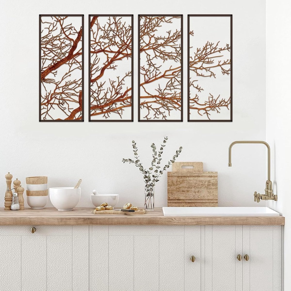 4 stuks levensboom metalen wanddecoratie, kleurrijke boomtak metalen wandkunst, boomteken wandhangers voor thuis, tuin, kantoor, woonkamer, binnen en buiten (kleurrijk, groot)
