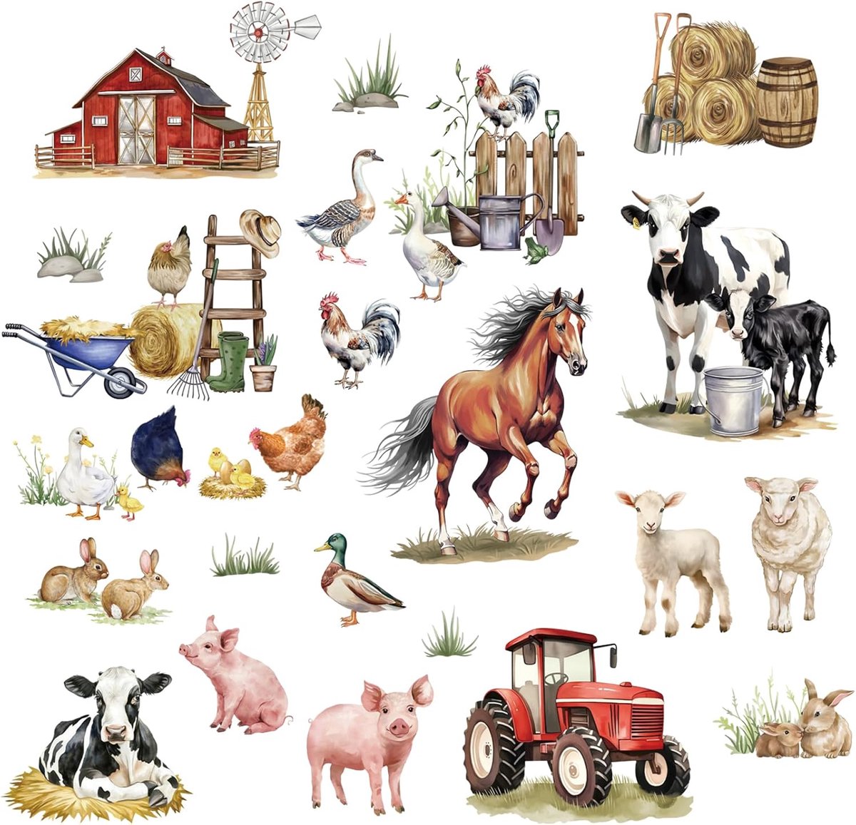 SnelShoppen - Wandsticker Boerderijdieren Koe Paard Varken Eend Lam Tractor Wanddecoratie voor Keuken Woonkamer Eetkamer Kinderen DIY Maat 30cmx90cm