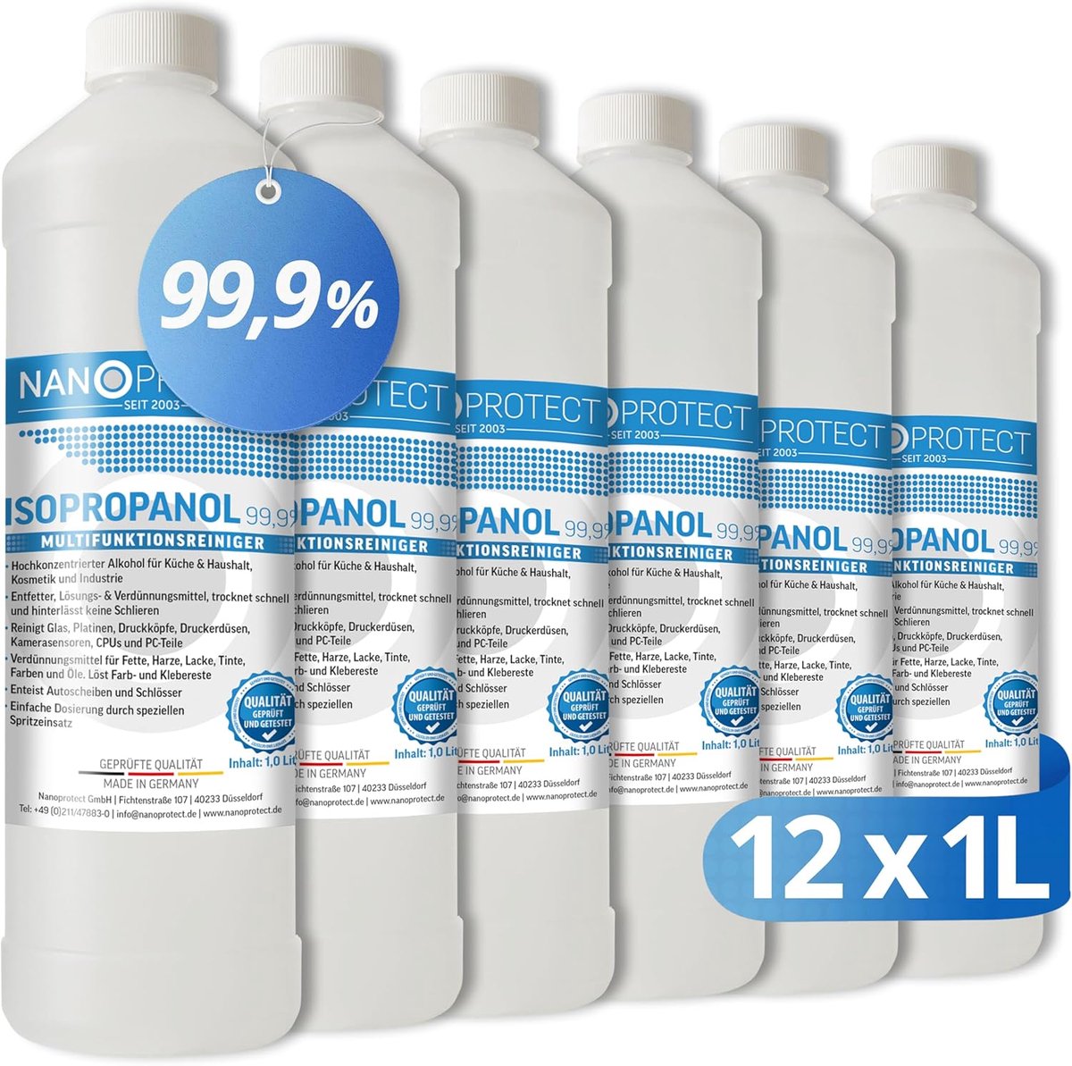 SnelShoppen - Nanoprotect Isopropanol 99.9% | 12 x 1 Liter Schoonmaakmiddel | Hoge Zuiverheid Isopropyl Alcohol | IPA Reinigingsalcohol voor Huishoude