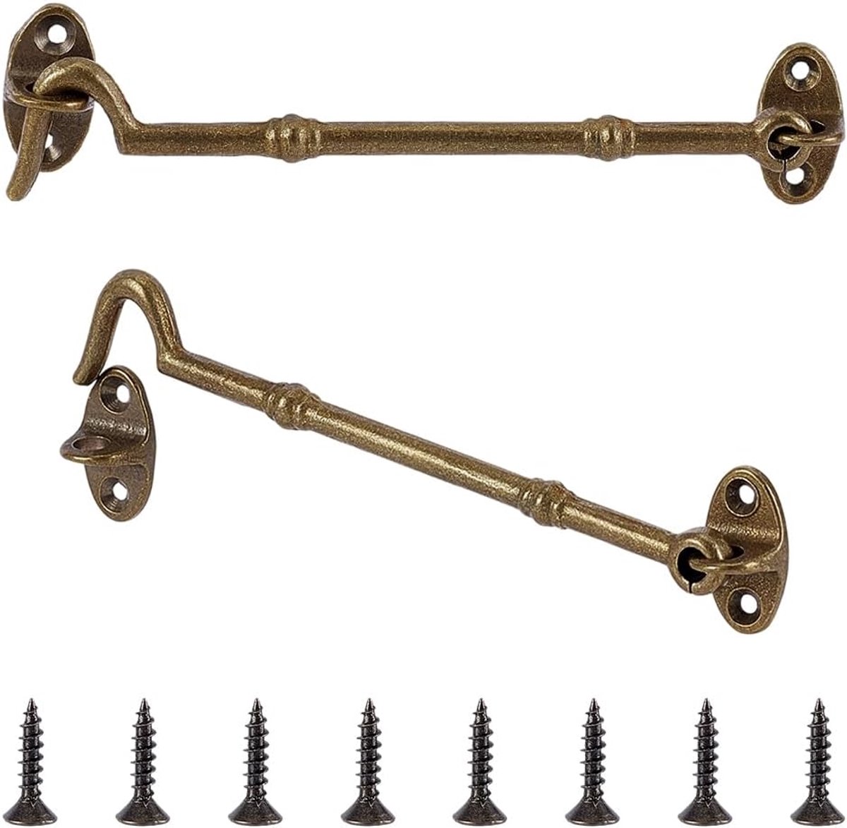 2 sets 6 inch messing haak en oog grendel vintage deurslot hardware met schroeven, raamhaak vergrendelingen openslaand verblijf vergrendeling set voor schuiframen schuur hek deur k