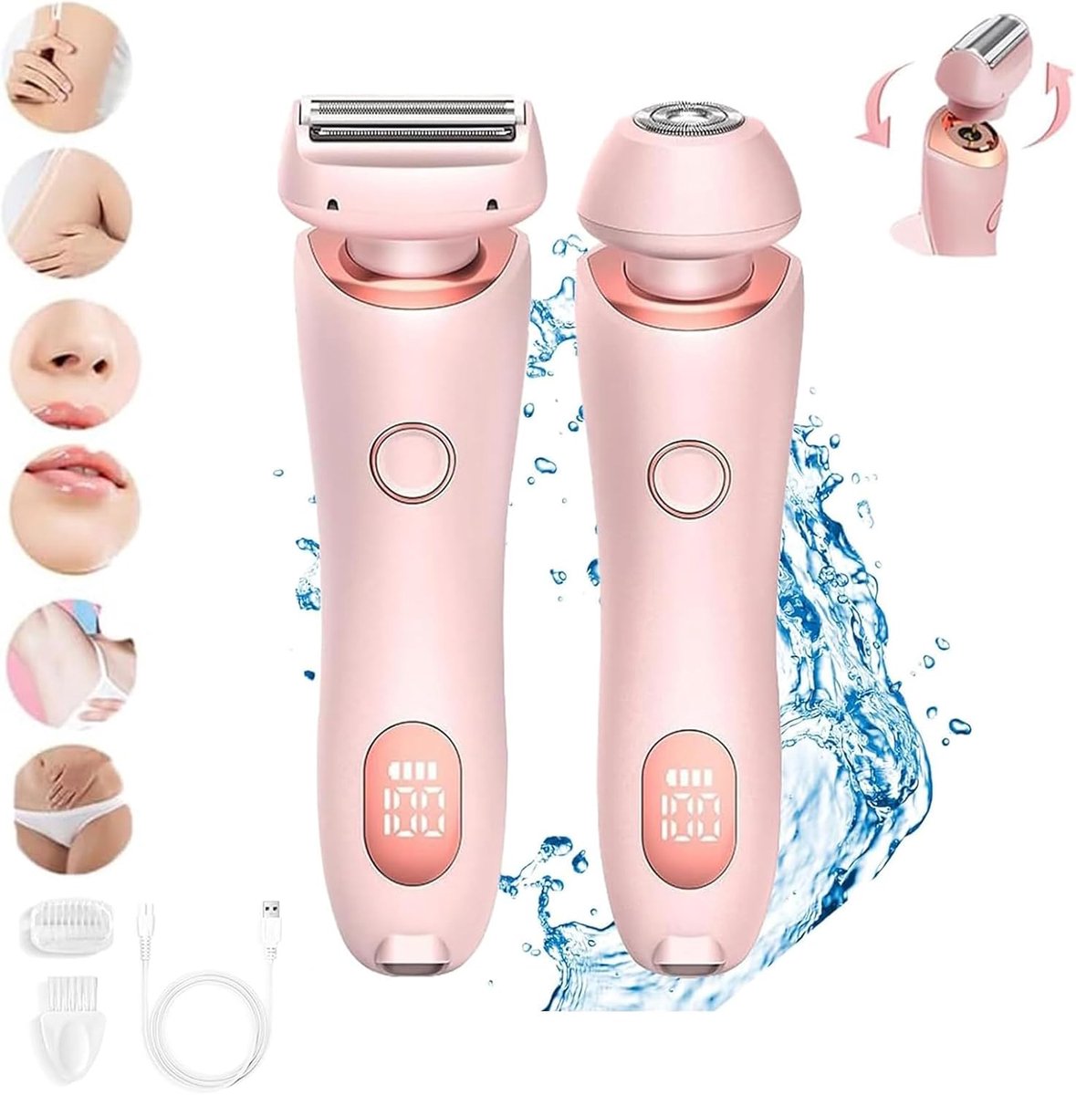 SnelShoppen - 2-in-1 Elektrische Scheerapparaat voor Vrouwen - Oksel, Benen, Gezichts- en Bikinilijn Trimmer - Waterdicht, Oplaadbaar via USB, Verwijd