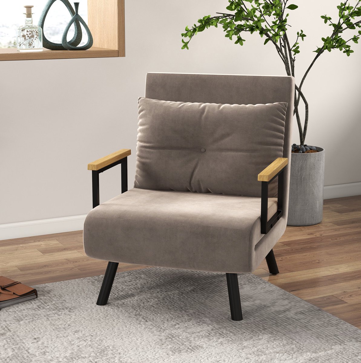 COVREO Fauteuil 63x73x81 cm lichtgrijs, velvet zitting met bedfunctie