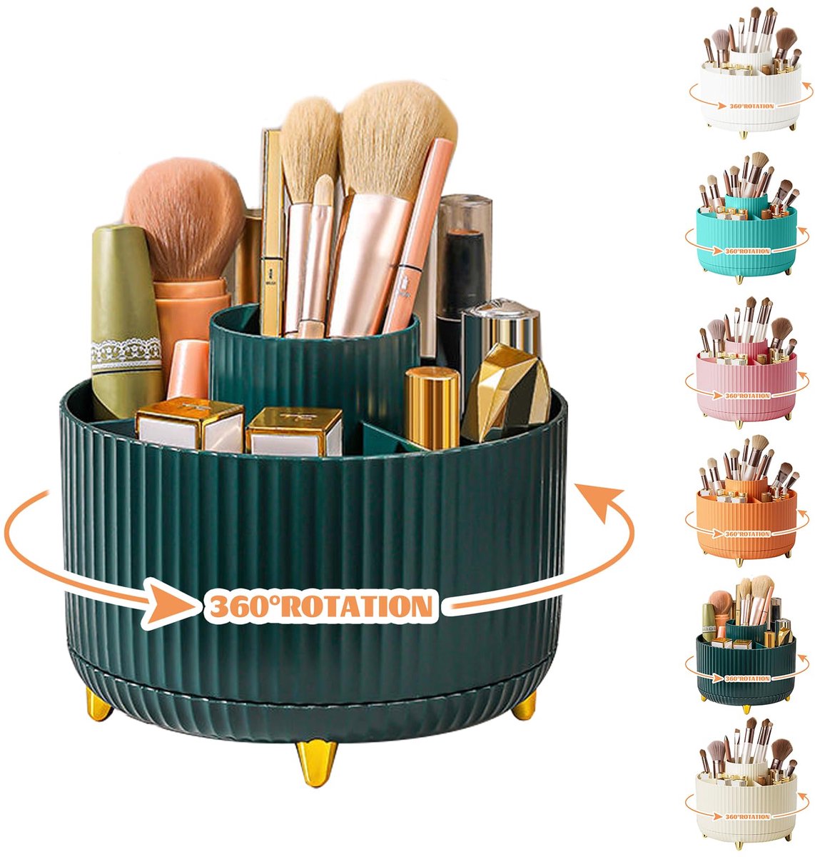 SnelShoppen - 360° Draaiende Make-up Organizer, Borstelhouder, 5 Compartimenten Cosmetische Opslag, Aesthetische Kaptafel Organizer voor Kamer, Decora