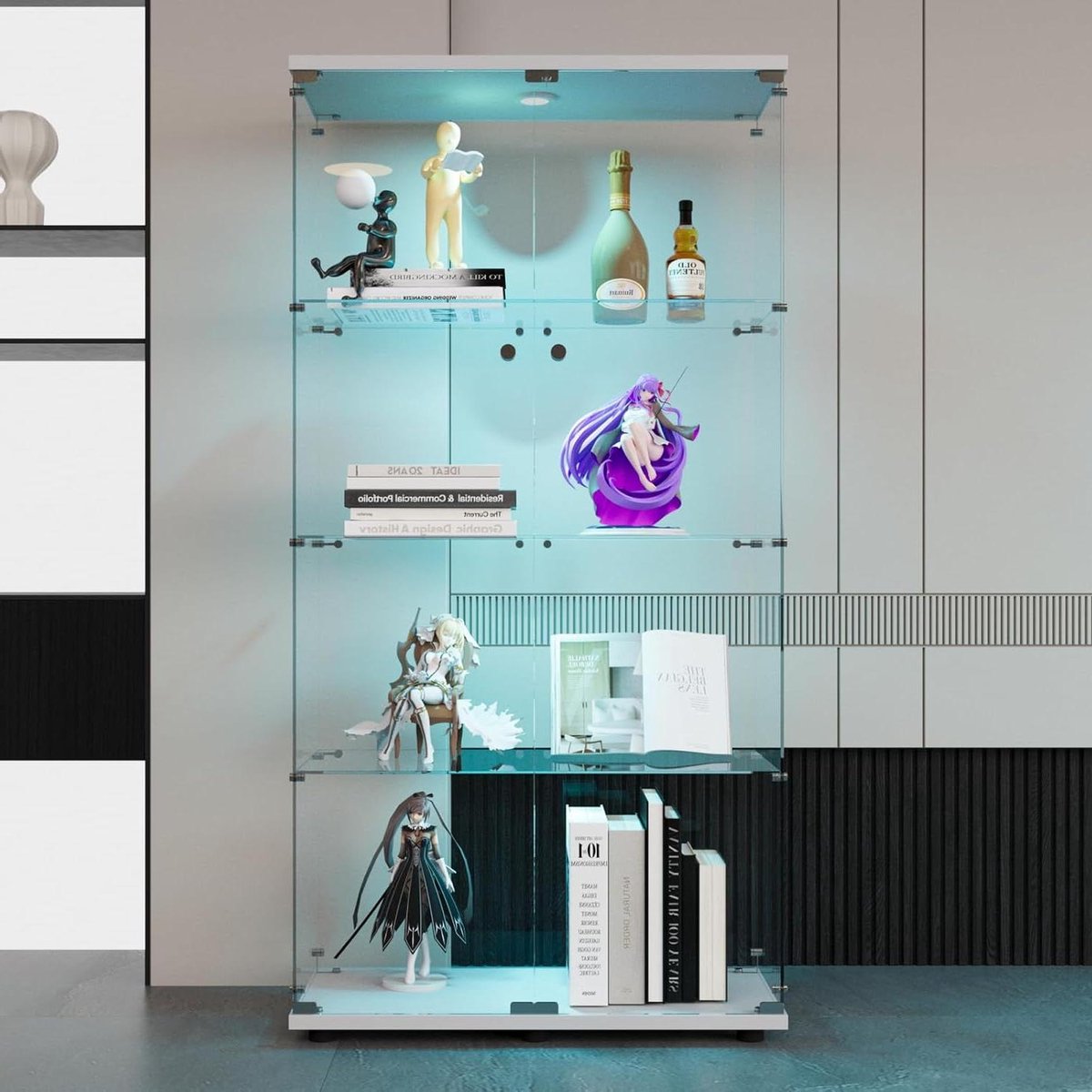 Glazen Vitrinekast - Kolomkast Vitrine - Verzamelen Presenteren - Ingebouwde LED Verlichting - 164 x 80.5 x 36.5 cm - Wit