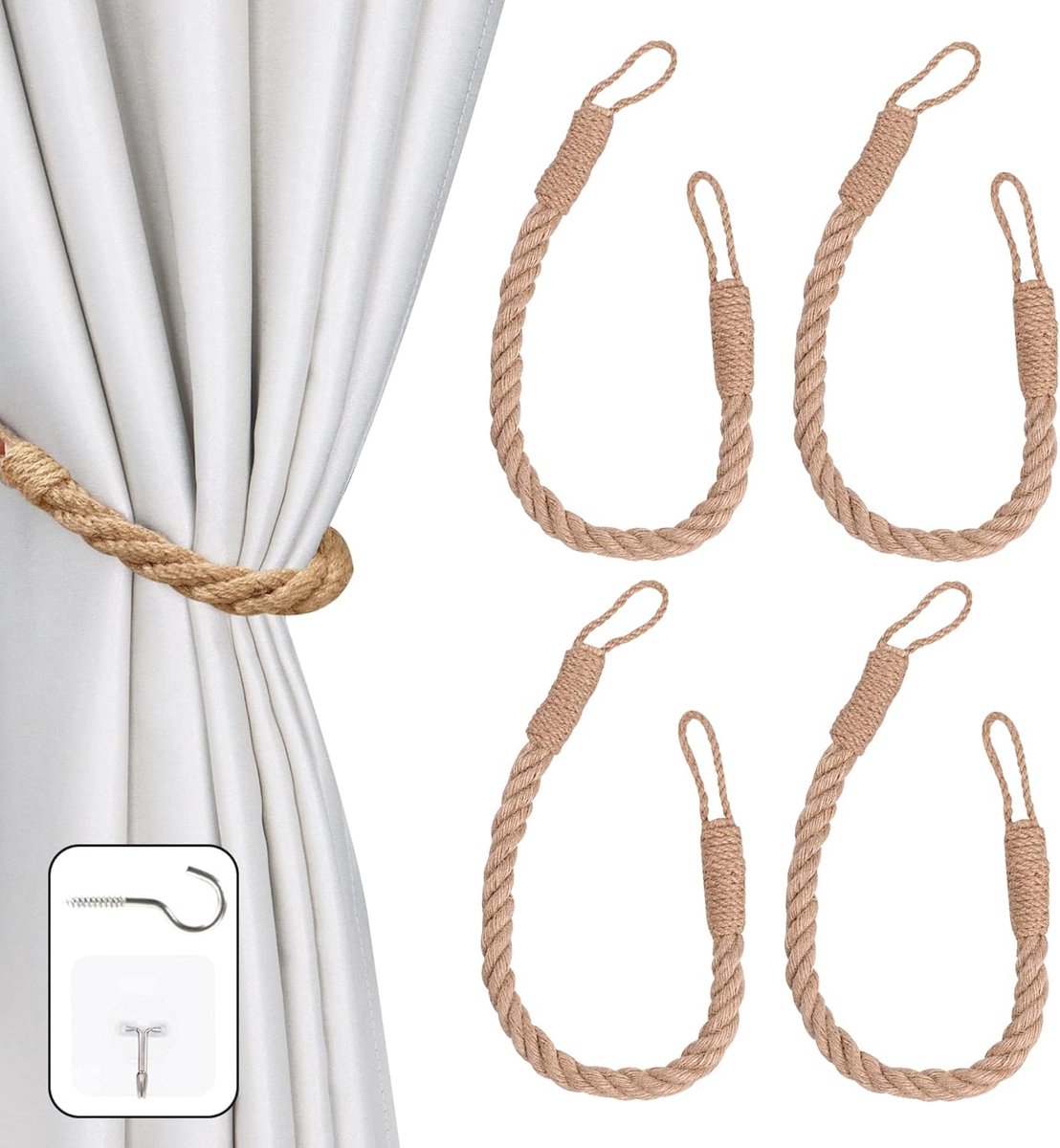SnelShoppen - 4 Stuks Gordijn Touwtjes Gordijnhouders Handgemaakt Jute Touw Decoratief Retro Khaki Voor Boerderij, Badkamer, Scandinavisch & Buiten