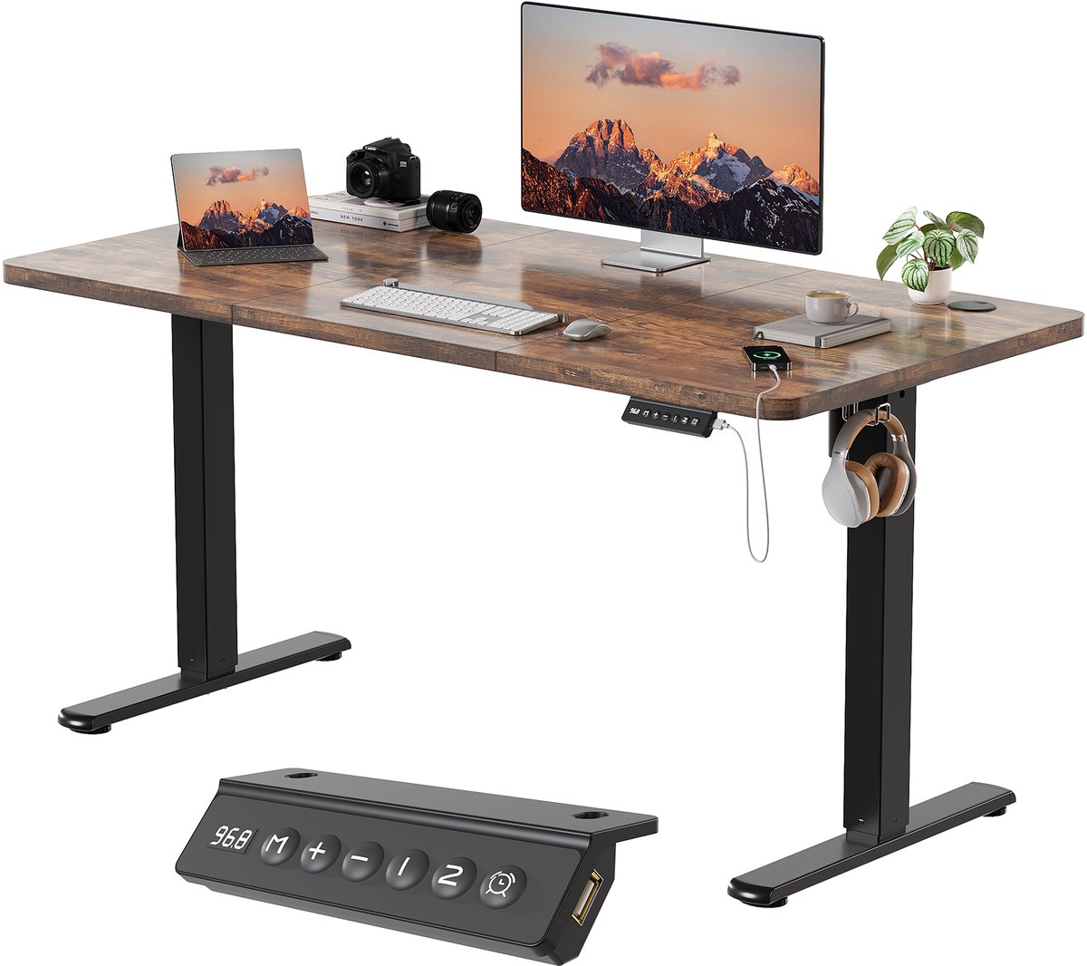 Devoko Elektrisch Hoogteverstelbaar Bureau - Zit-Sta Bureau 120x60 cm - Digitaal Display met 2 Geheugenstanden en Zitherinnering - Bruin