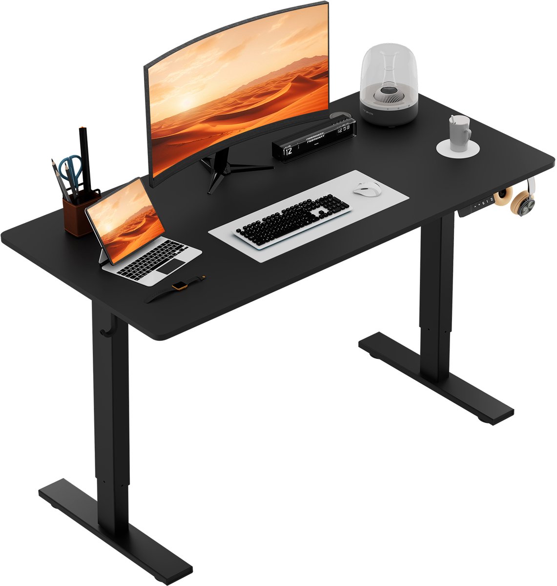 Zit-sta bureau 140 x 60 cm, Elektrisch in hoogte verstelbaar bureau, met geheugenfunctie en anti-botsingstechnologie, Stevig en Duurzaam, Stille Motor, Hoogte 70-117cm