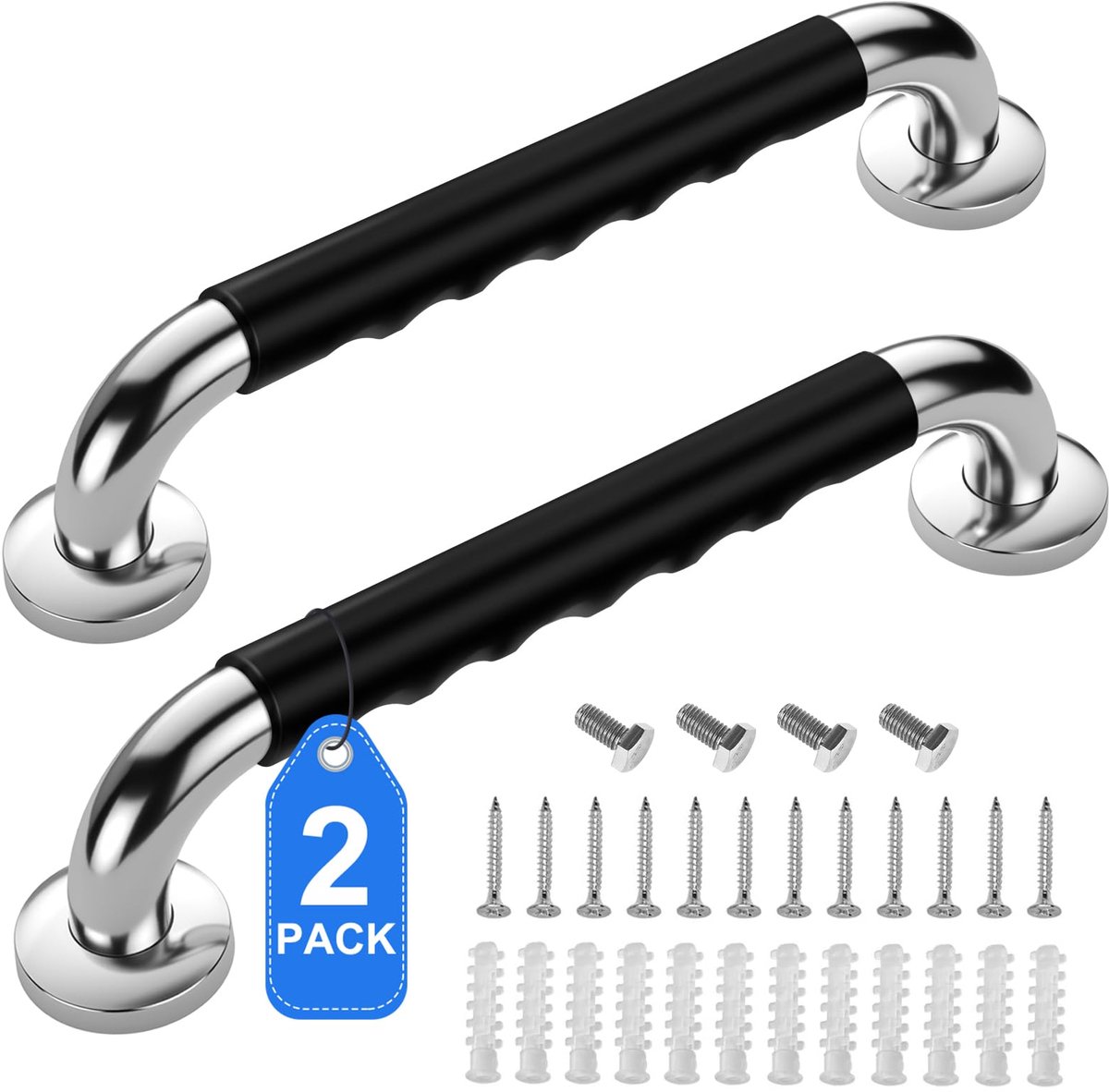 2 Pack Douchebeugel-RVS Veiligheidshandgreep-43.5cm Wandbeugel Badkamer met Siliconen Antislip Handgreep-Senioren Hulpmiddel voor Douche Bad en Toilet-Inclusief Schroeven en Pluggen