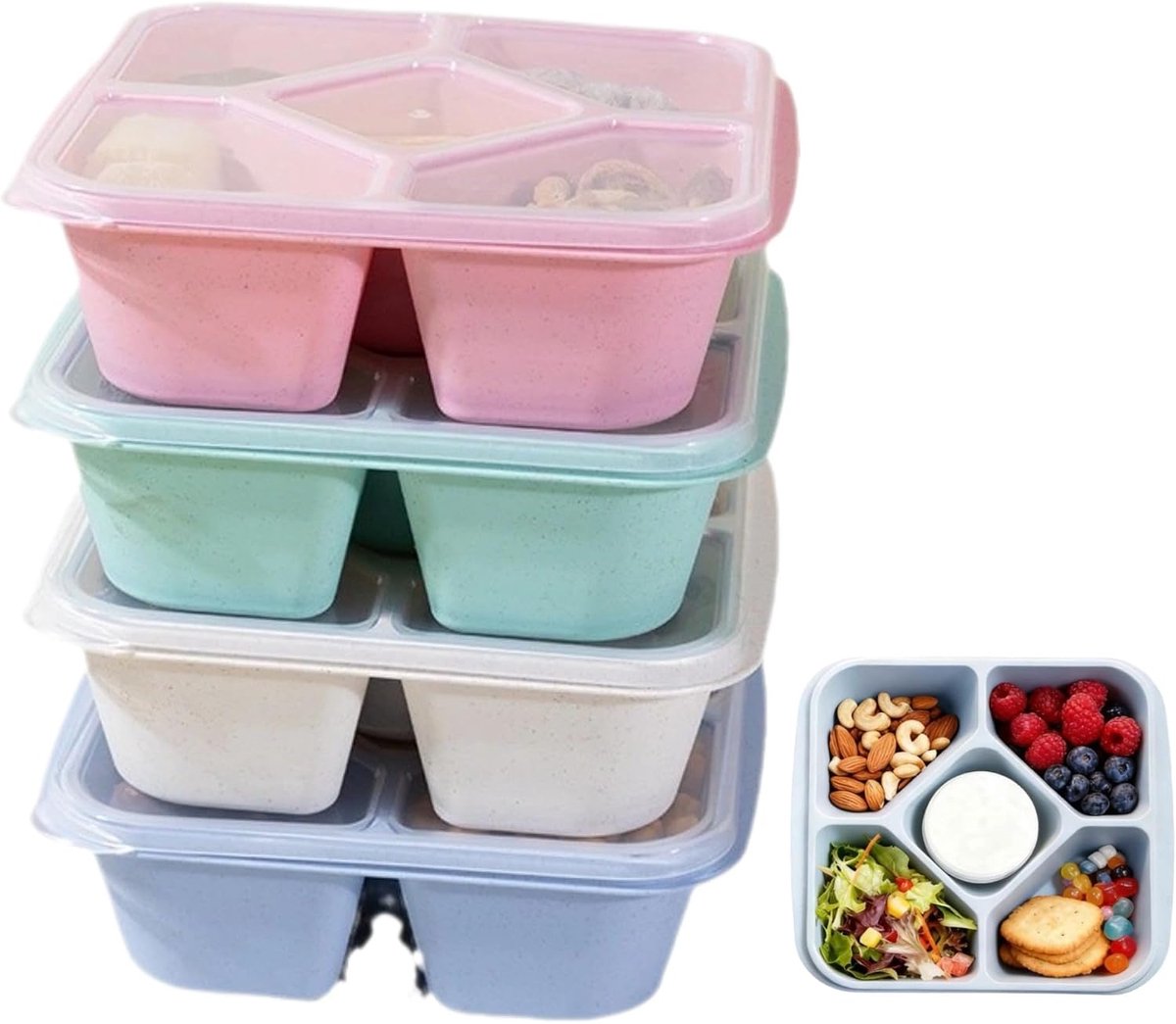 KZQ Set van 4 snack- en broodboxen met 5 vakken, lekvrij en BPA-vrij, vaatwas- en magnetronbestendig, meerkleurig, geschikt voor thuis en onderweg