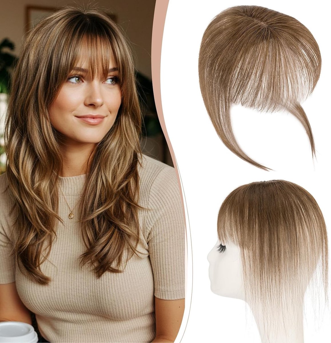 Clip-in Pony's van Echt Haar, 3D Onzichtbare Bangs, Mode Pony voor Vrouwen, Verander Je Gezichtsvorm, Medium Bruin Haar, Gemakkelijk te Dragen, Stijlvolle Haaraccessoires