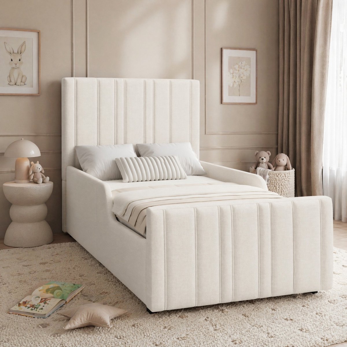 COVREO Bed 90x200 cm beige, stof met opbergruimte en lattenbodem