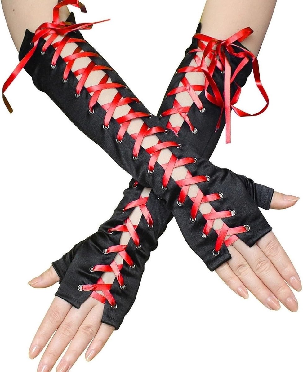 Vingerloze Handschoenen met Satijnen Lint, Lange Steampunk Kostuumhandschoenen voor Halloween en Goth Cosplay