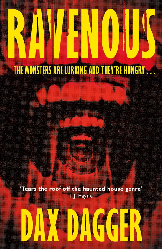 Boekcover van 'Ravenous' met een opengesperde mond en angstaanjagende tanden, de titel in het geel.