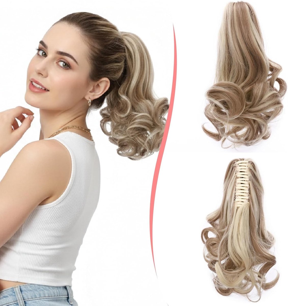 Lange krullende paardenstaartverlenging met klemclip, synthetisch haarstukje voor een volumineuze look, 30 cm, 120 g, zandblond met blondering