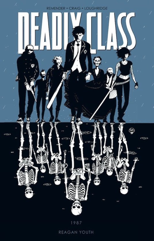 Groep studenten, inclusief het woord DEADLY CLASS, met skeletreflecties.